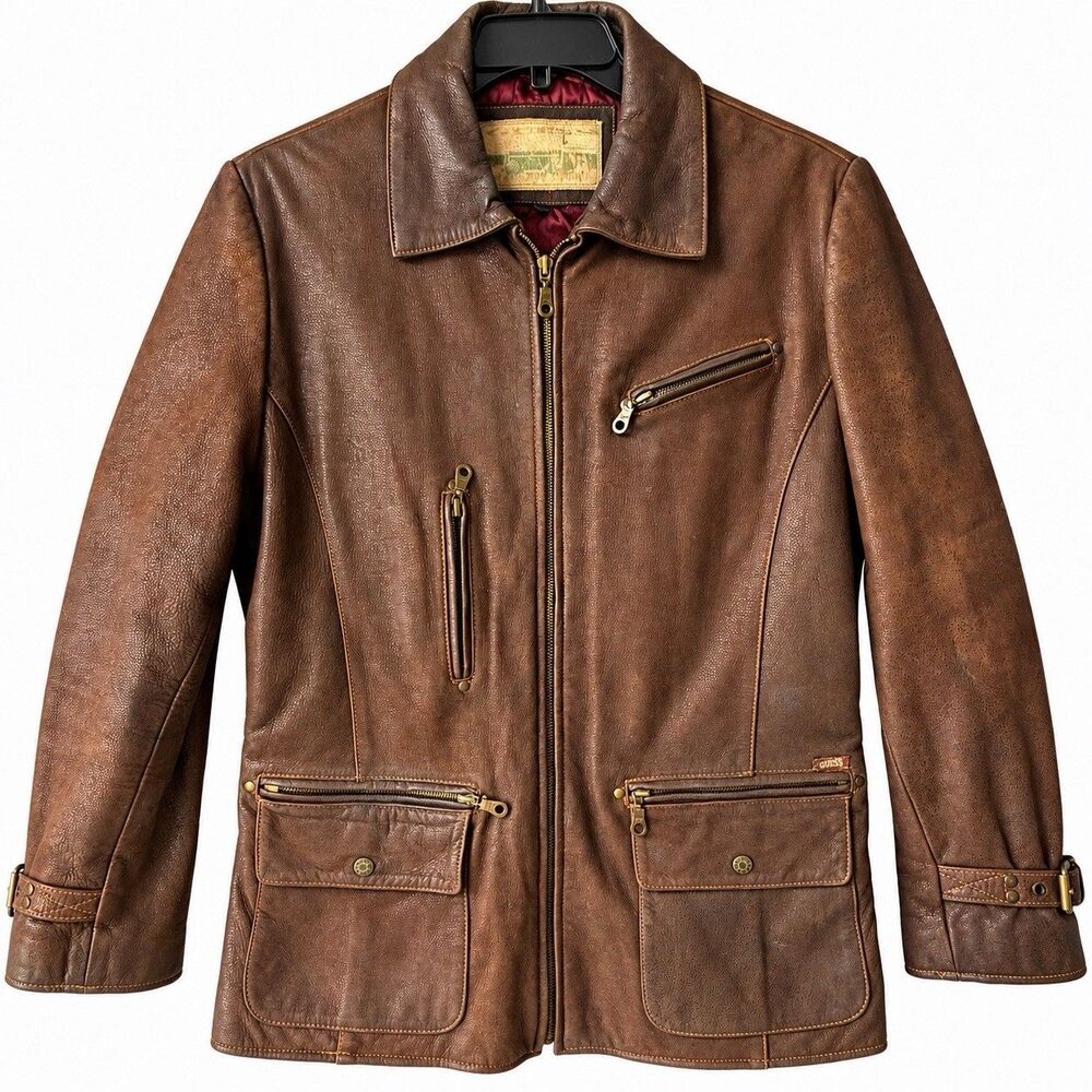 Vintage GUESS Mens L Genuine Leather Jacket Brown Distressed Moto Biker Utility